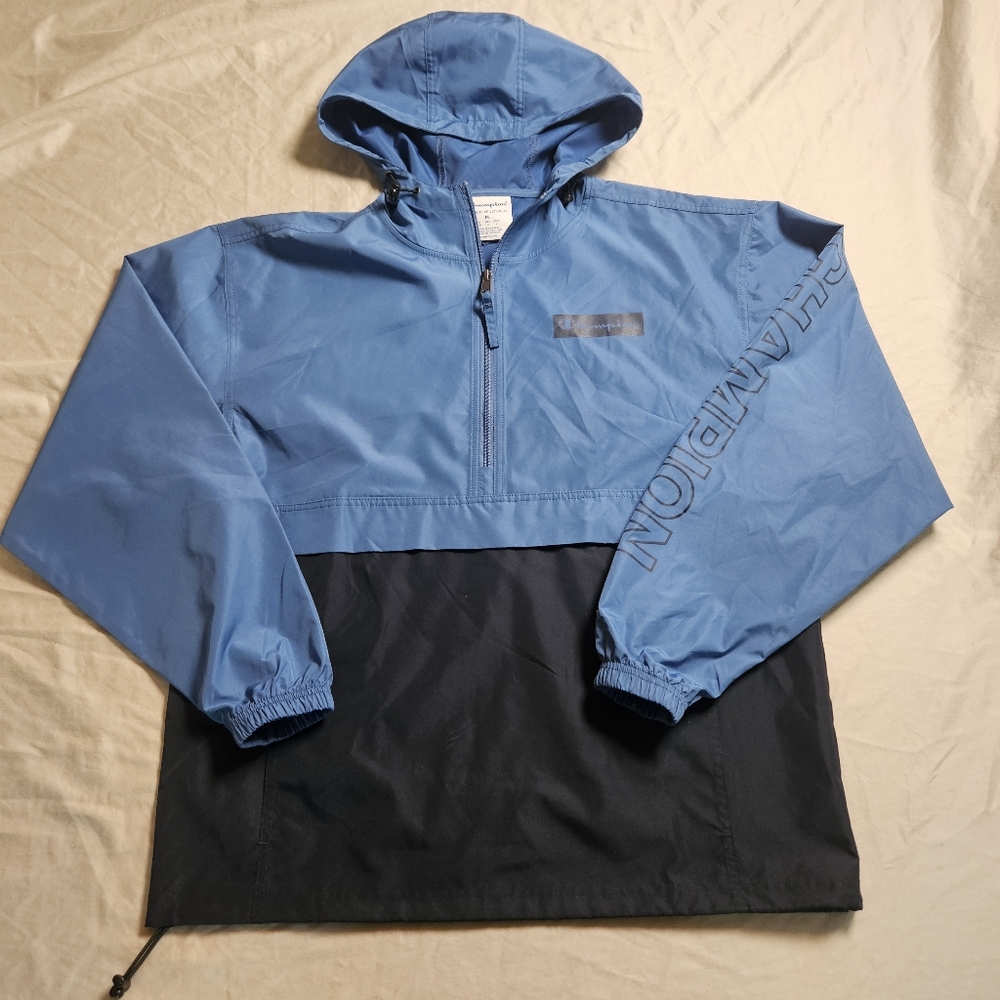 Champion Packable Windbreaker Jacket Mens Medium‎ M Blue Navy Colorblock 1/2 Zip